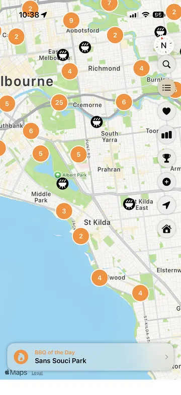 GrillSeeker map view with public BBQ pins