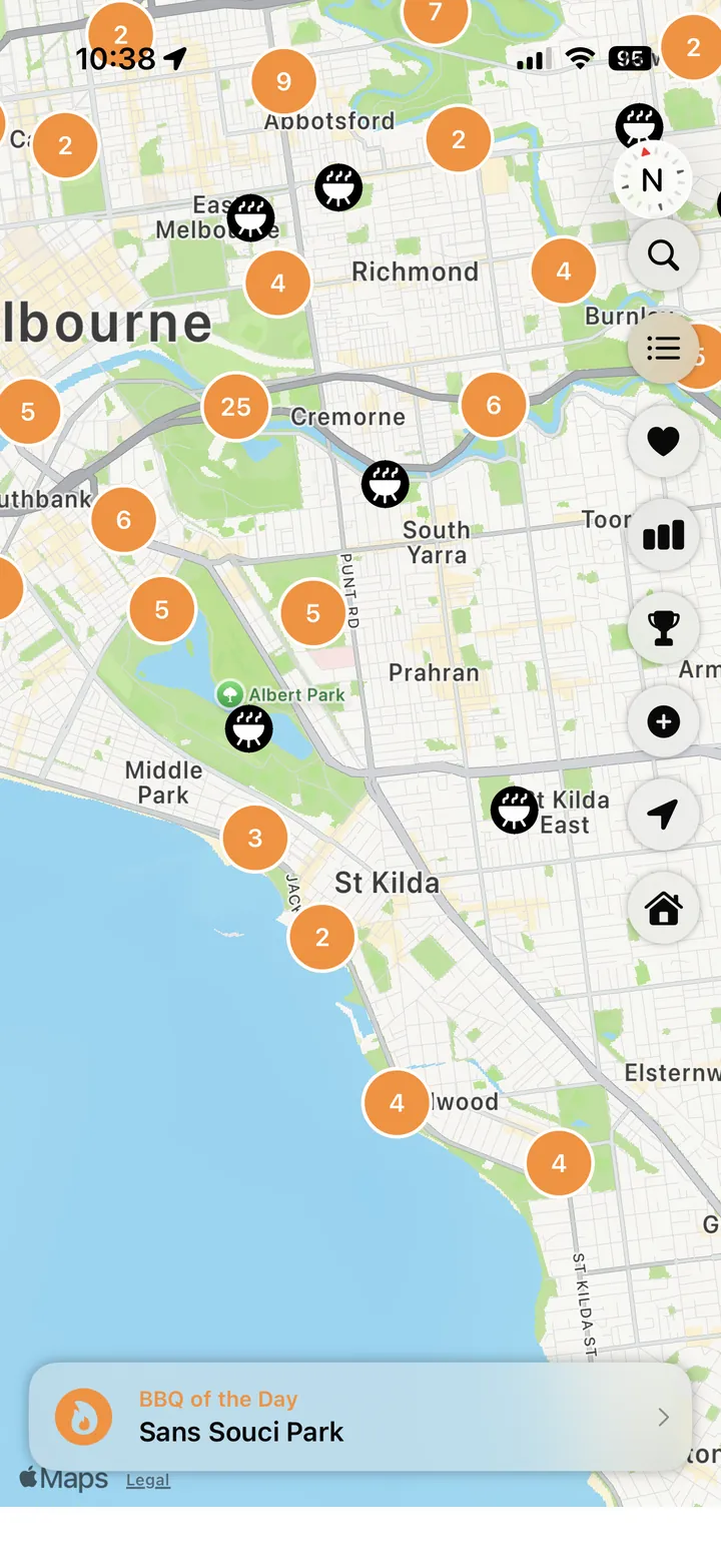 GrillSeeker map showing nearby public BBQ pins